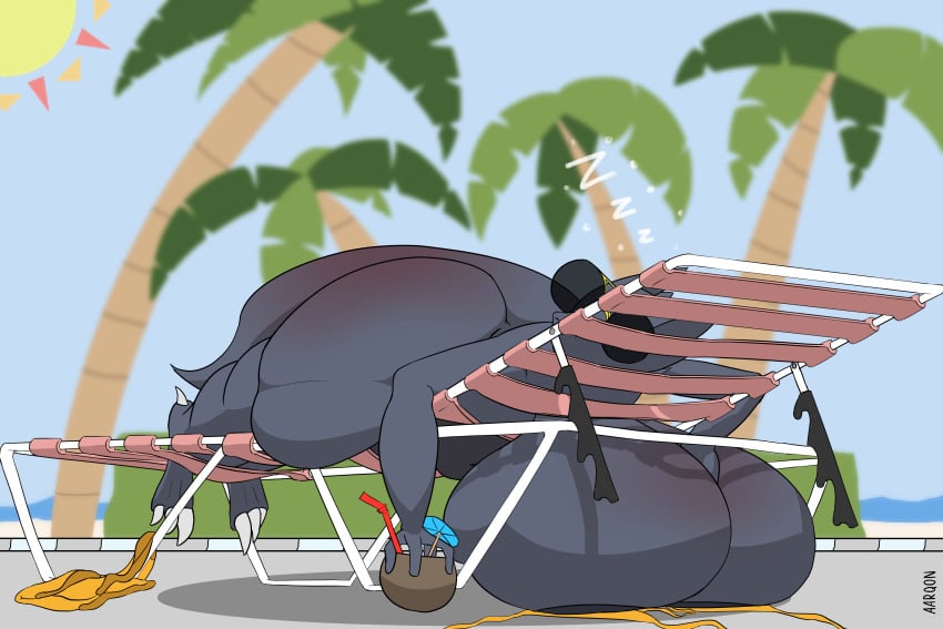 1girls aarqon absurd_res anthro ass beverage big_breasts big_butt blue_body blue_scales breast_squish breasts butt_squish chair clawed_toes claws coconut_drink eyewear female furniture hi_res huge_ass huge_breasts huge_butt hyper hyper_breasts kobold lounge_chair lying on_front plant scales shortstack sleeping solo squish sunbathing sunglasses tree tyveel_(aarqon) undressed worseaarqon