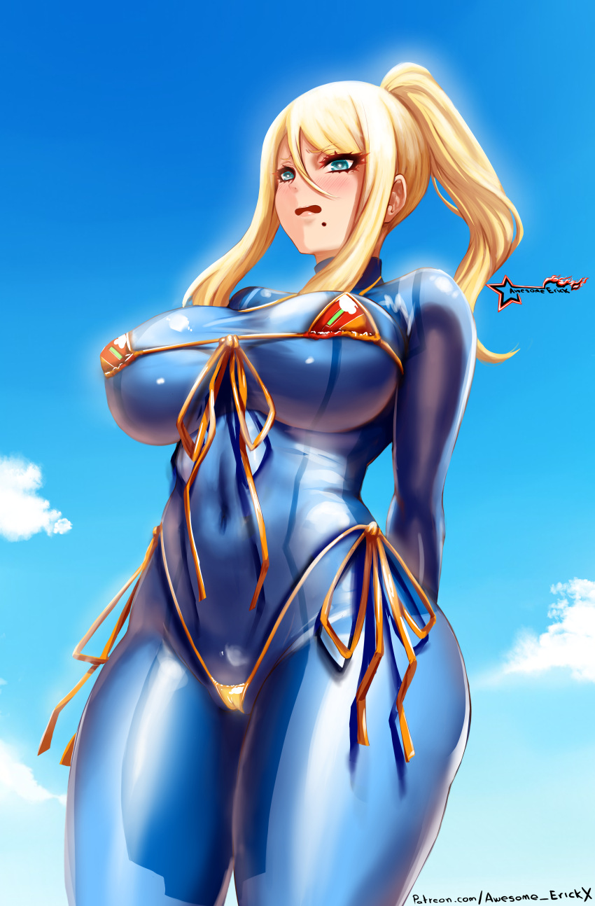 awesomeerix bikini blonde_hair blue_bodysuit bodysuit from_below front_tie_bikini low_angle metroid micro_bikini mole_under_mouth nintendo outdoors ponytail samus_aran voluptuous zero_suit zero_suit_samus