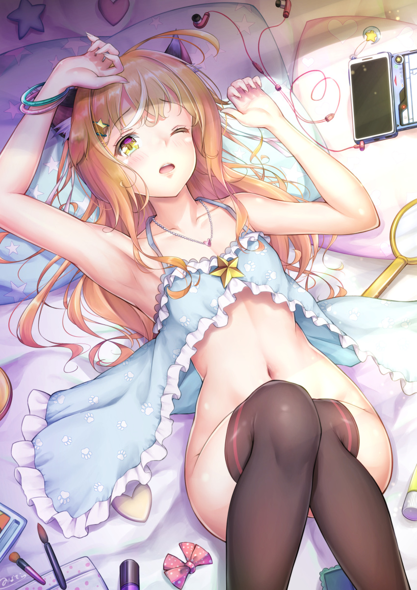 1boy animal_ears armpit bangle bangs bed belly_button bottomless bow bracelets cat_ears convenient_censoring earphones femboy heart long_hair lying_on_bed makeup_brush mirror natsusora_wakana necklace no_panties nobady pawprint phone pillow star stockings trap wink yellow_eyes