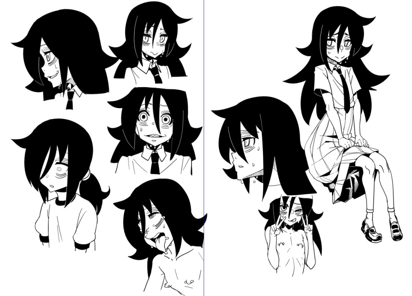 bags_under_eyes black_hair chimosaku female kuroki_tomoko messy monochrome necktie nipple_piercing solo tongue_out watashi_ga_motenai_no_wa_dou_kangaetemo_omaera_ga_warui!