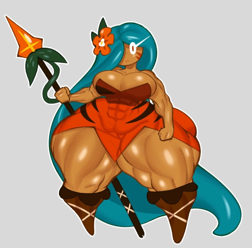 breasts cookie_run female food_creature gomibin_art hair_over_one_eye huge_thighs humanoid muscular muscular_female spear thick_thighs tiger_lily_cookie video_games wide_hips