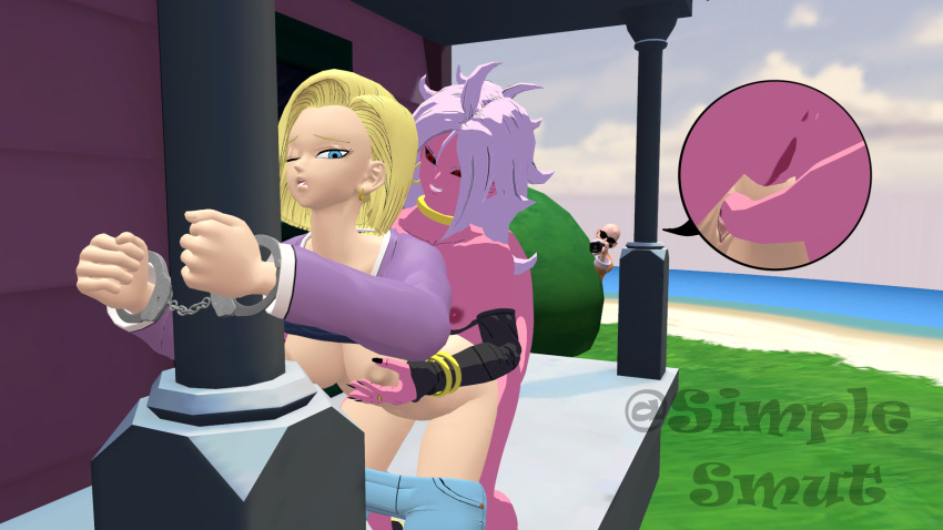 1male 3d android_18 android_21 beach blonde_hair breast_grab domination dragon_ball dragon_ball_super handcuffed handcuffs hiding_in_bushes majin_android_21 master_roshi pants_down penetration pink_skin recording shirt_lift simple_smut source_filmmaker tail_sex yuri yuri_with_male_audience