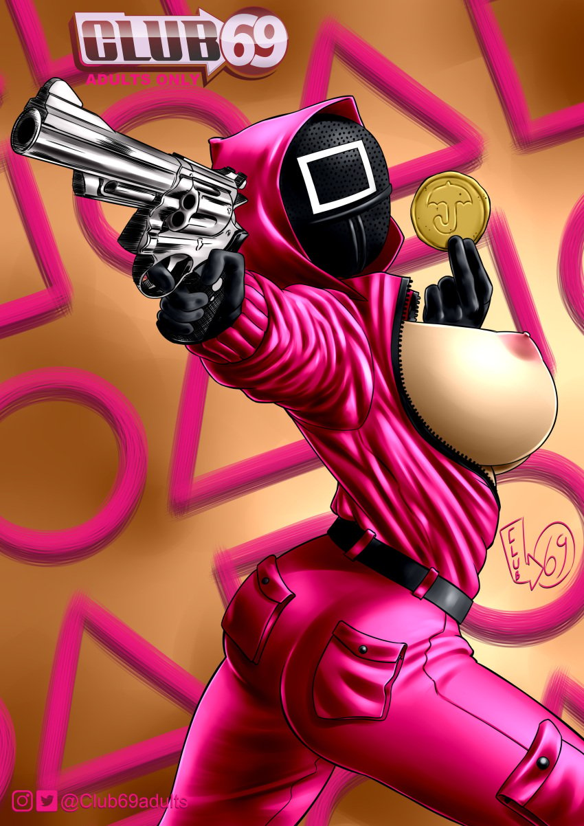 1girls 69 2021 69_(number) ass background background_text belt big_breasts black_belt black_gloves black_mask breasts breasts_out club female female_focus female_only gloves gold_background gun hi_res holding holding_gun holding_object instagram_username light-skinned_female light_skin looking_at_viewer mask netflix nipples no_watermark pink_bodysuit pink_guard pink_text pistol square_(squid_game) squid_game text twitter_username unknown_artist unknown_source unzipped_bodysuit