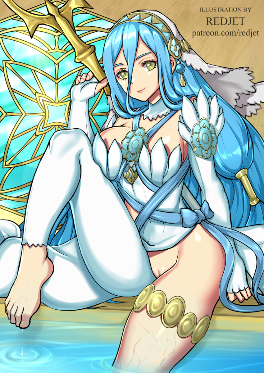 1girls asymmetrical_bangs azura_(fire_emblem) bangs bare_thighs barefoot big_sister blue_hair breasts cameltoe dress elbow_gloves feet female fingerless_gloves fire_emblem fire_emblem_fates gloves hair_between_eyes highres holding holding_lance holding_polearm holding_weapon jewelry lance long_hair looking_at_viewer nintendo no_panties onee-chan photoshop polearm pussy redjet smile solo third-party_edit very_long_hair water weapon wet yellow_eyes