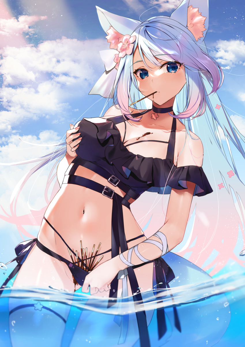 1girls bikini_pull black_bikini black_bikini_bottom black_bikini_top chocolate food_in_mouth food_on_body indie_virtual_youtuber kasumi_komo melted_chocolate panty_pull pocky side-tie_bikini side-tie_panties silvervale standing standing_in_water virtual_youtuber vshojo