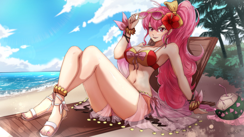 1girls absurdres alternate_costume ankle_ribbon anklet arm_support beach beach_chair bendy_straw big_hair bikini blurry blurry_background blush bow bracelet breasts cloud coconut crossed_legs drinking_straw english_commentary eyebrows_visible_through_hair eyewear_on_head female fire_emblem fire_emblem:_new_mystery_of_the_emblem flower hair_flower hair_ornament hairbow highres jewelry kamilisme large_breasts long_hair looking_at_viewer nail_polish navel nintendo ocean palm_tree phina_(fire_emblem) pink_bow pink_eyes pink_hair ponytail red_bikini red_flower ribbon sand sandals sarong second-party_source see-through shadow sidelocks sitting smile solo sunglasses sunglasses_on_head swimsuit thighs tree two-tone_bikini very_long_hair white_bikini wrist_bow yellow_bow