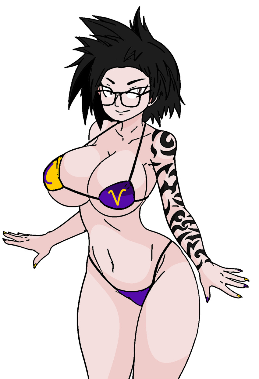 1girls big_breasts bikini black_hair breasts brown_eyes collarbone dapaleyenda dapapaja eric_(leyendasyvideojuegos) eric_rod erica_rod female female_focus female_only glasses leyendasyvideojuegos nail_polish navel nerdy_female painted_nails purple_bikini rangugamer rule_63 short_hair tattoo thick_thighs thighs tribal_tattoo white_background yellow_bikini