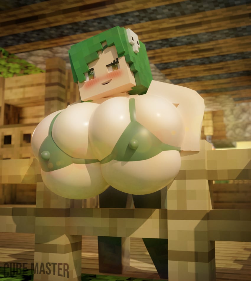 1girls 3d bikini blender blush breast female female_focus female_only fnafmania247 green_eyes green_hair hyper hyper_breasts imcubemaster large_breasts leaning_forward microsoft minecraft mojang nipple_bulge nipples short_hair skull_hair_ornament small_bikini squished_breasts wardrobe_malfunction