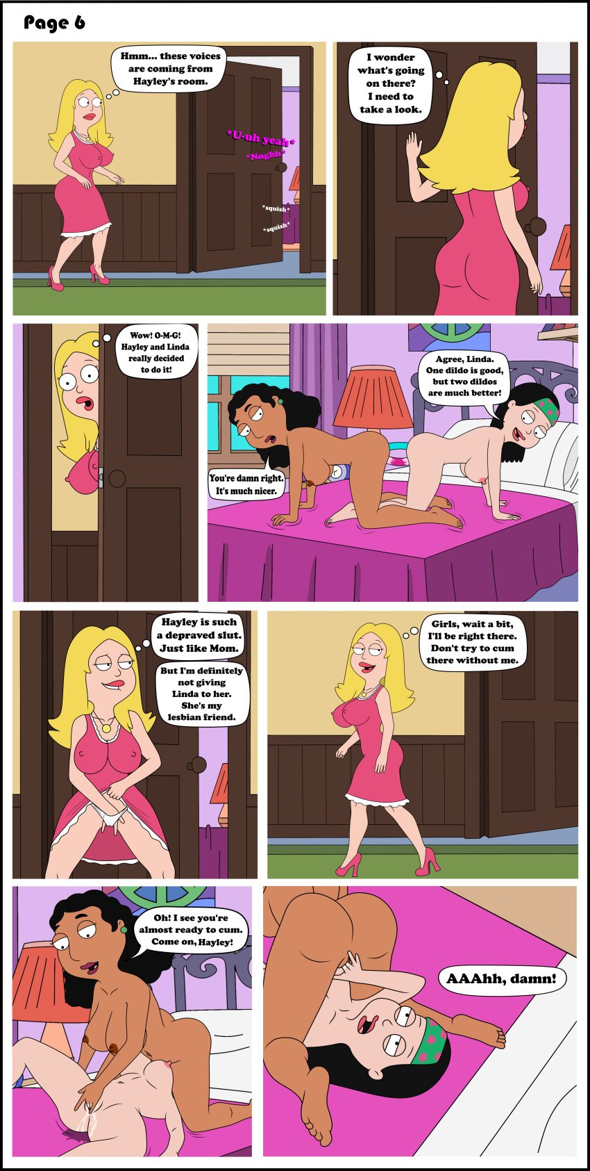 3girls american_dad bedroom black_hair blonde_hair brown_hair comic couple dialogue dildo dildo_in_vagina double_dildo english_text female fingering fingering_pussy francine_smith happy_female hayley_smith horny_female lesbian_sex linda_memari masturbating_under_clothes masturbation multiple_girls nude orgasm orgasm_face page_6 panties penetration pussy sex_toy sexfightfun shagging voyeur voyeurism wet_pussy white_panties yuri