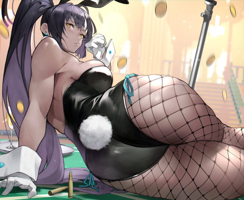 1girls 2021 absurdres animal_ears ass bangs bare_shoulders black_hair black_leotard blue_archive blush breasts clothed dark-skinned_female dark_skin detached_collar fake_animal_ears female female_focus female_only fishnet_legwear fishnets gloves highleg highleg_leotard highres karin_(blue_archive) karin_(bunny)_(blue_archive) large_breasts leotard long_hair looking_at_viewer millennium_science_school_student playboy_bunny ponytail rabbit_ears rabbit_tail sidelocks skindentation solo solo_female solo_focus tail thighs white_gloves yellow_eyes yoshi55level yoshio_(55level)