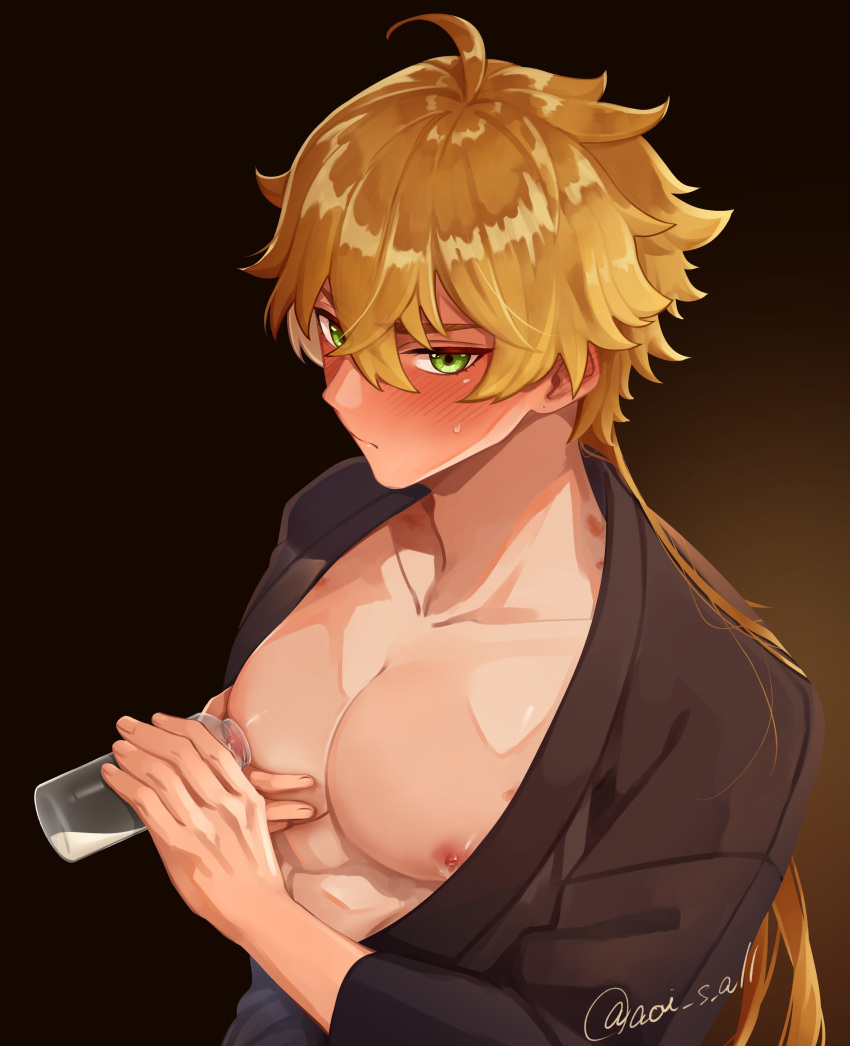 blush bottle genshin_impact green_eyes lactation male male_lactation male_milking male_only milk solo thoma_(genshin_impact)