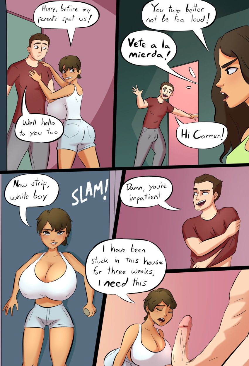 1boy 2girls big_ass big_breasts big_butt big_hips big_penis big_thighs caiman2 carmen_and_kelsie carmen_marvello cleavage comic emmabrave english_text fanart female hourglass_figure huge_ass huge_breasts huge_butt huge_cock huge_hips huge_penis huge_thighs imminent_oral imminent_sex male marisol_marvello michael_russo sex slight_blush spanglish spanish_text text wide_hips