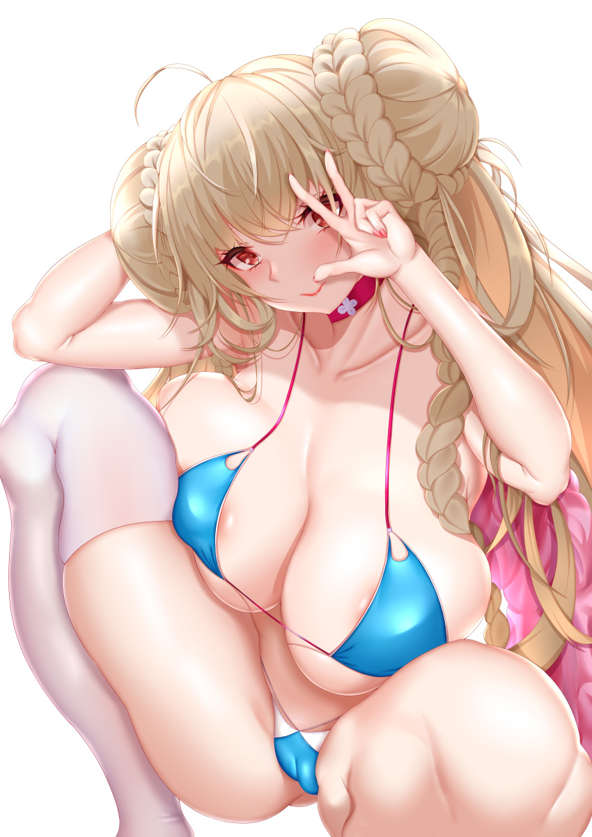 1girls 2020 absurdres ahoge areola_slip areolae azur_lane bangs bikini blue_bikini blush braid braided_bun breast_press breasts cameltoe choker collarbone double_bun female female_focus female_only formidable_(azur_lane) formidable_(the_lady_of_the_beach)_(azur_lane) hair_between_eyes highres huge_breasts long_hair looking_at_viewer purple_choker red_eyes red_nails sagging_breasts sakuraoo simple_background single_thighhigh smile solo solo_female solo_focus squatting swimsuit thighhighs thighs very_long_hair w white_background white_legwear