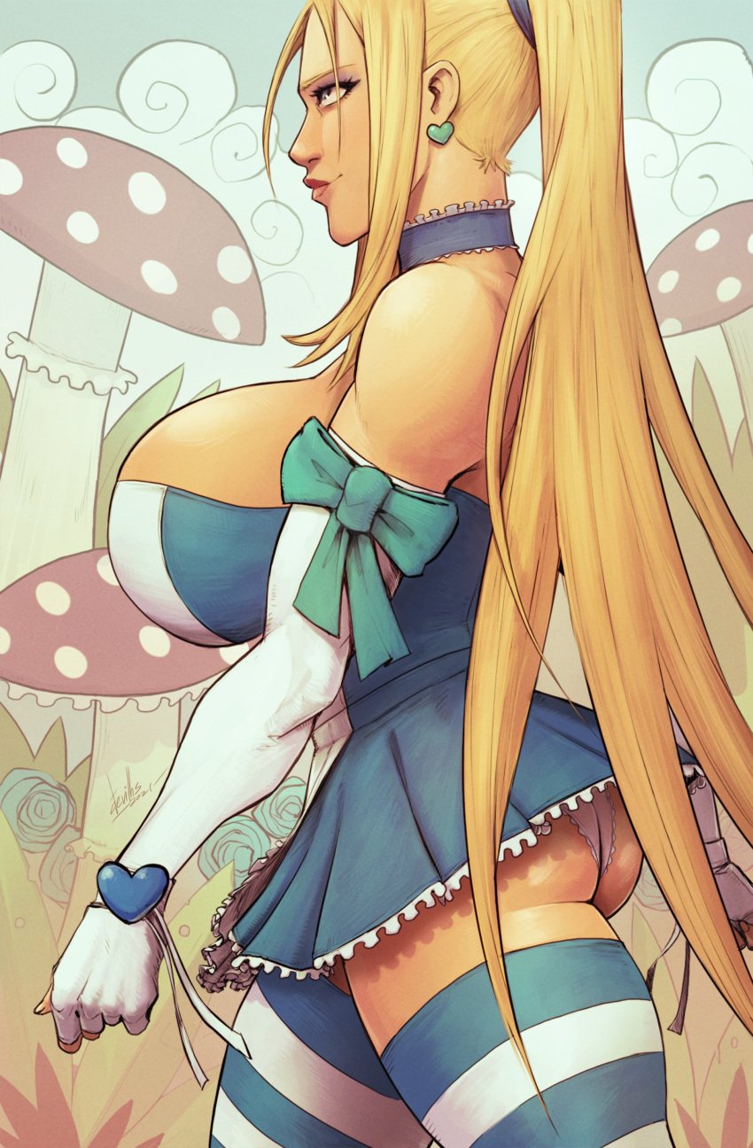 alice_in_wonderland alice_liddell busty choker confident cosplay crossover devil_hs female female_focus female_only gloves hourglass_figure large_breasts larissa_(valkyrie_saviors) mushroom panties ponytail solo standing tagme thighhighs valkyrie_saviors voluptuous wide_hips