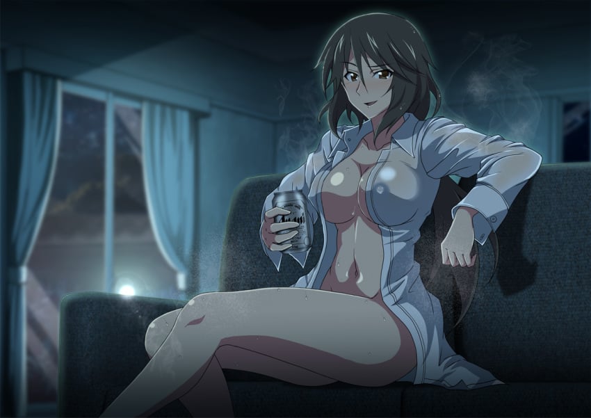 artist_request beer bottomless brown_eyes brown_hair infinite_stratos looking_at_viewer night open_clothes orimura_chifuyu partially_clothed see-through_clothing solo solo_female steam steaming_body tagme