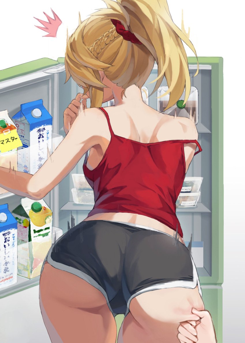 1girls 2020s 2021 ass ass_grab black_shorts blonde blonde_hair booty_shorts bubble_butt butt_crack_outline dolphin_shorts facing_forward fate/apocrypha fate/grand_order fate_(series) female female_focus female_only groping indoors kitchen light-skinned_female manga medium_ass medium_hair milk mordred_(fate) petite pinch ponytail rear_view red_tank_top red_topwear refrigerator shocked short_shorts shorts side_slit simple_background slim_waist strap_slip tank_top thigh_gap tomboy tonee two_tone_bottomwear