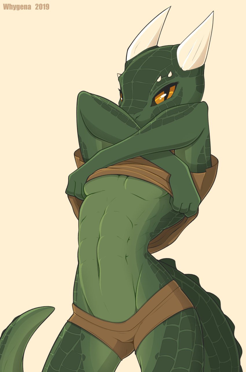 1girls anatomically_correct anthro argonian breasts clothed clothing female female_only flat_chest kobold mostly_nude pulling_up_shirt scalie small_breasts solo standing undressing whygena