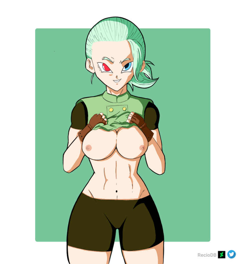 1girls abdomen alien_girl bardock big_breasts black_shorts blue_eye breast breasts breasts_out cerealian dragon_ball dragon_ball_super female green_hair green_shirt milf muezli nipples pov pov_male reciodb red_eye shirt_lift shirt_up showing_breasts solo topless