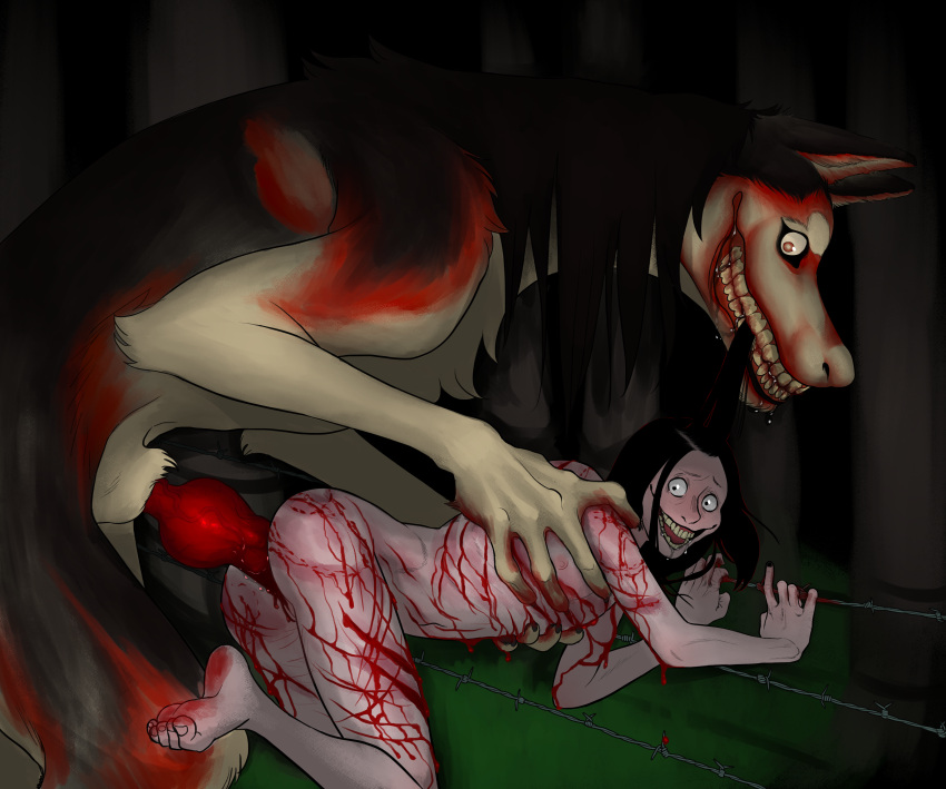 absurd_res animal_genitalia animal_penis anthro ass barbed_wire big_dom_small_sub bite_mark bite_mark_on_ass bite_marks black_hair blood bloody_penis bodily_fluids breadbitch420 canid canid_demon canine canis creepy creepypasta cuntboy cuntboy/male cuntboy_penetrated demon doggy_style domestic_dog dominant duo from_behind_position fur genital_fluids genitals gore grin hair hellhound hi_res human husky hybrid intersex jeff_the_killer male male/cuntboy male_penetrating male_penetrating_cuntboy mammal nordic_sled_dog nude open_mouth penetration penile penile_penetration penis penis_in_ass pussy scratches sex size_difference smile smile.dog spitz teeth vaginal vaginal_sex wounded