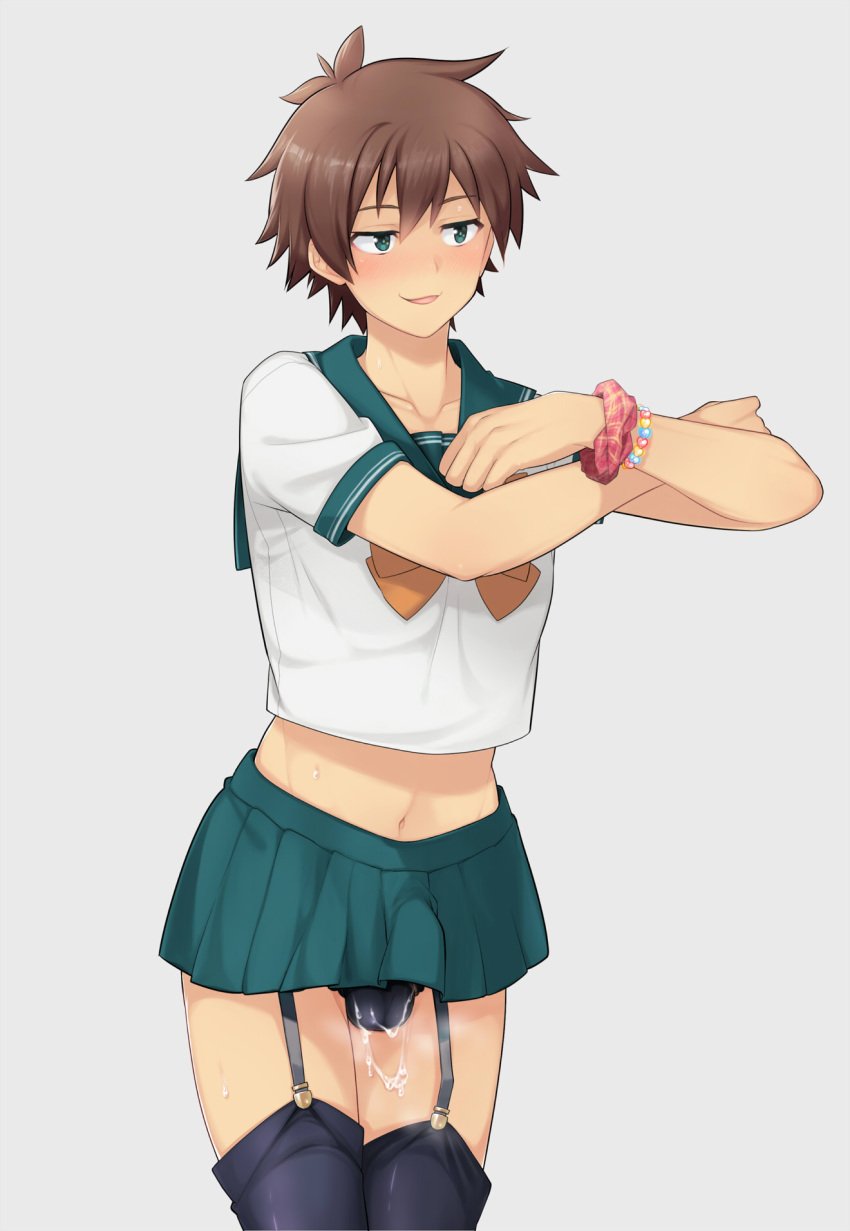 1boy belly_button black_legwear black_panties bracelet bracelets brown_hair crop_top crossdressing crossdressing_male cum cum_on_balls cum_on_leg erection erection_under_clothes erection_under_skirt femboy femboy_focus femboy_only femboysub garter_straps green_eyes green_skirt hands-free hands_in_pockets handsfree_ejaculation human human_only kinu_(le) kono_subarashii_sekai_ni_shukufuku_wo! leaking leaking_cum leaking_precum legwear male_only miniskirt orgasm orgasm_face orgasm_without_stimulation panties penis_in_panties penis_under_clothes penis_under_skirt pleated_skirt precum precum_drip precum_through_clothing precum_through_underwear satou_kazuma school_uniform schoolgirl schoolgirl_outfit schoolgirl_uniform short_hair short_sleeves sissification sissy sissygasm small_waist sweat sweatdrop sweating sweaty thick_thighs thigh_highs thighhighs thighs thin_waist trap wide_hips yaoi