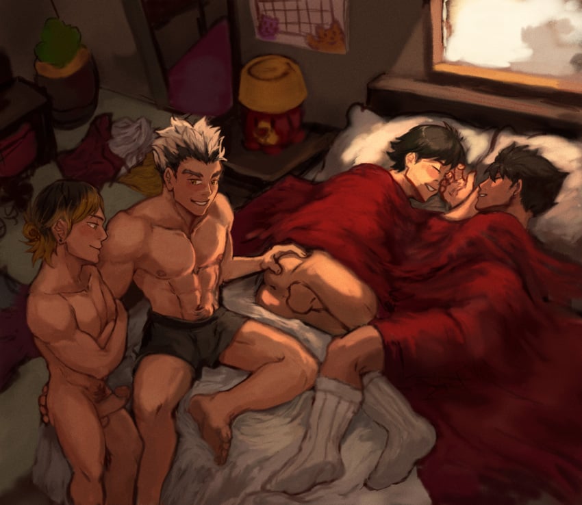 4boys abs akaashi_keiji amber_eyes ass_grab balls black_hair blanket bokuto_koutarou boxer_briefs brown_eyes clothes_on_floor crossed_arms dirty_blonde_hair erect_nipples erection exposed_anus exposed_ass foursome gay gay_sex group_sex haikyuu!! half-dressed half_naked hand_on_ass hand_on_face head_on_pillow imminent_sex inviting_to_sex kenma_kozume kuroo_tetsurou male male_only naked nude_male pecs platinum_blonde_hair sleeping sleeping_together socks tied_hair two_tone_hair underwear_only yaoi zumiiwa