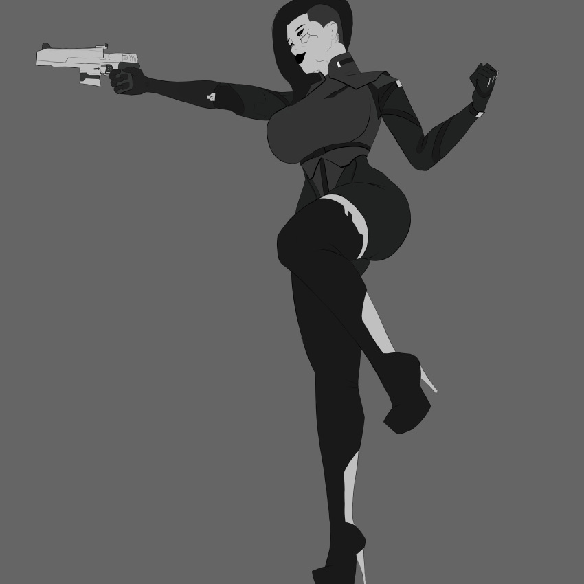 1girls armor armour cybernetics cyberpunk_2077 d34h female female_only firearm gun handgun high_heels human large_breasts lipstick monochrome solo thighhighs v_(cyberpunk_2077) valerie_(cyberpunk_2077) weapon