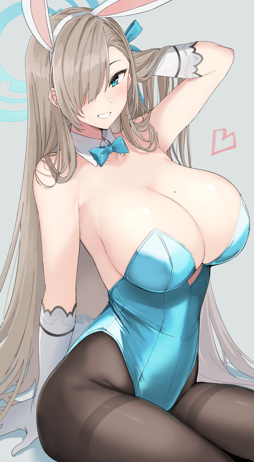 1girls 2021 absurdres animal_ears asuna_(blue_archive) asuna_(bunny)_(blue_archive) bangs bare_shoulders blue_archive blue_leotard blush bow bowtie breasts cleavage fake_animal_ears female female_focus female_only gloves grin hair_over_one_eye highres large_breasts leotard light_brown_hair long_hair looking_at_viewer millennium_science_school_student mobu mole mole_on_breast pantyhose playboy_bunny smile solo solo_female solo_focus strapless strapless_leotard thighs white_gloves