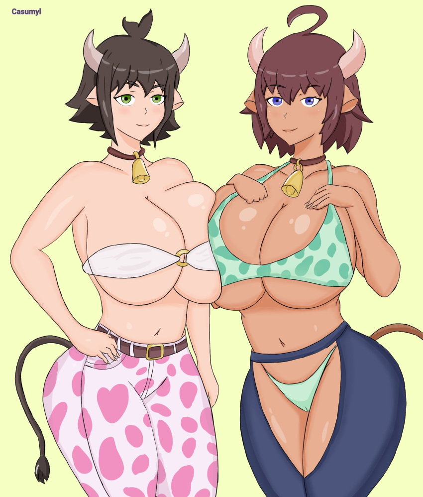 2girls animal_ears animal_tail bandeau bovine breasts_to_breasts casumyl cow_ears cow_girl female_minotaur guinea_(ishuzoku_reviewers) horns ishuzoku_reviewers large_breasts milky_(ishuzoku_reviewers) minotaur minotaur_female minotaur_girl monster_girl multiple_girls