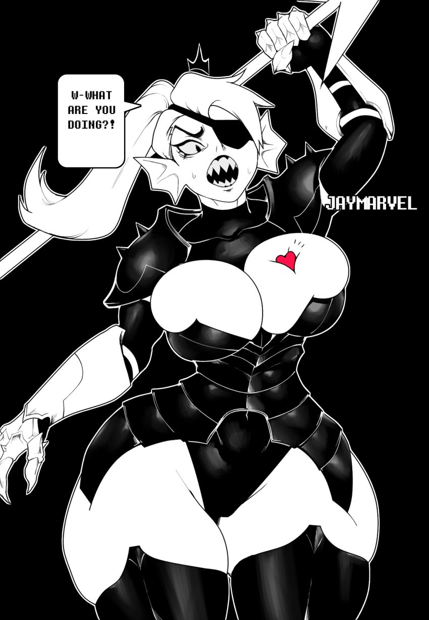 1girls big_breasts female female_only huge_breasts jay-marvel long_hair spear spear_of_justice thick_thighs undertale undyne voluptuous weapon