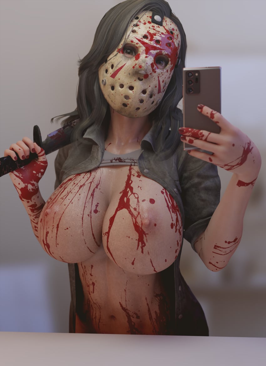 1girls 3d areolae batesz big_breasts bishoujo_jason bishoujo_jason_voorhees blender blood breasts female female_only friday_the_13th jason_voorhees jessica_voorhees large_breasts looking_at_viewer nipples rule_63 selfie solo