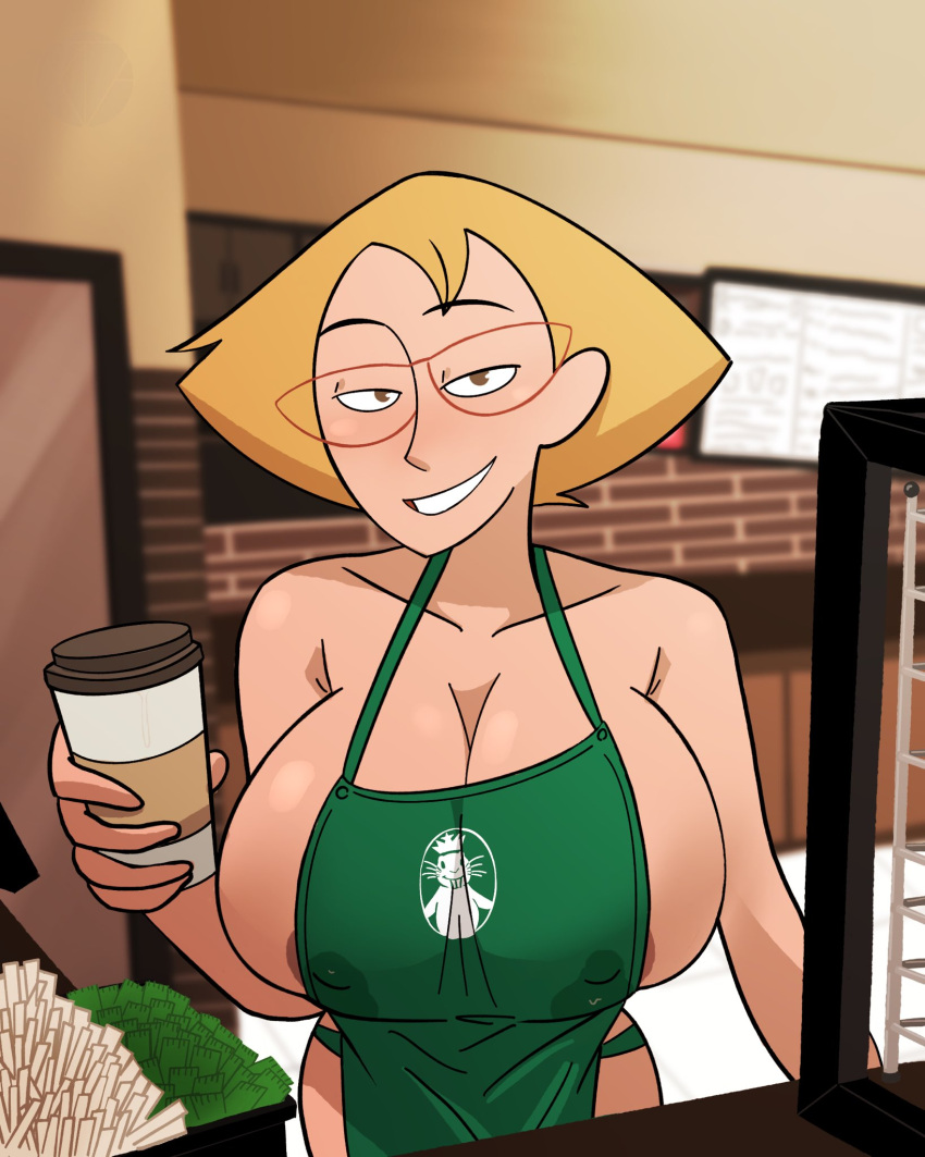 1girls apron barista big_breasts blonde_hair breasts disney disney_channel female female_focus female_only glasses green_apron holding_object huge_breasts human iced_latte_with_breast_milk j0xciv kim_possible lactating lactation lactation_through_clothes large_breasts light-skinned_female light_skin looking_at_viewer mature_female meme milf mother mrs._stoppable naked naked_apron nipple_bulge pokies short_hair smiling smiling_at_viewer starbucks voluptuous