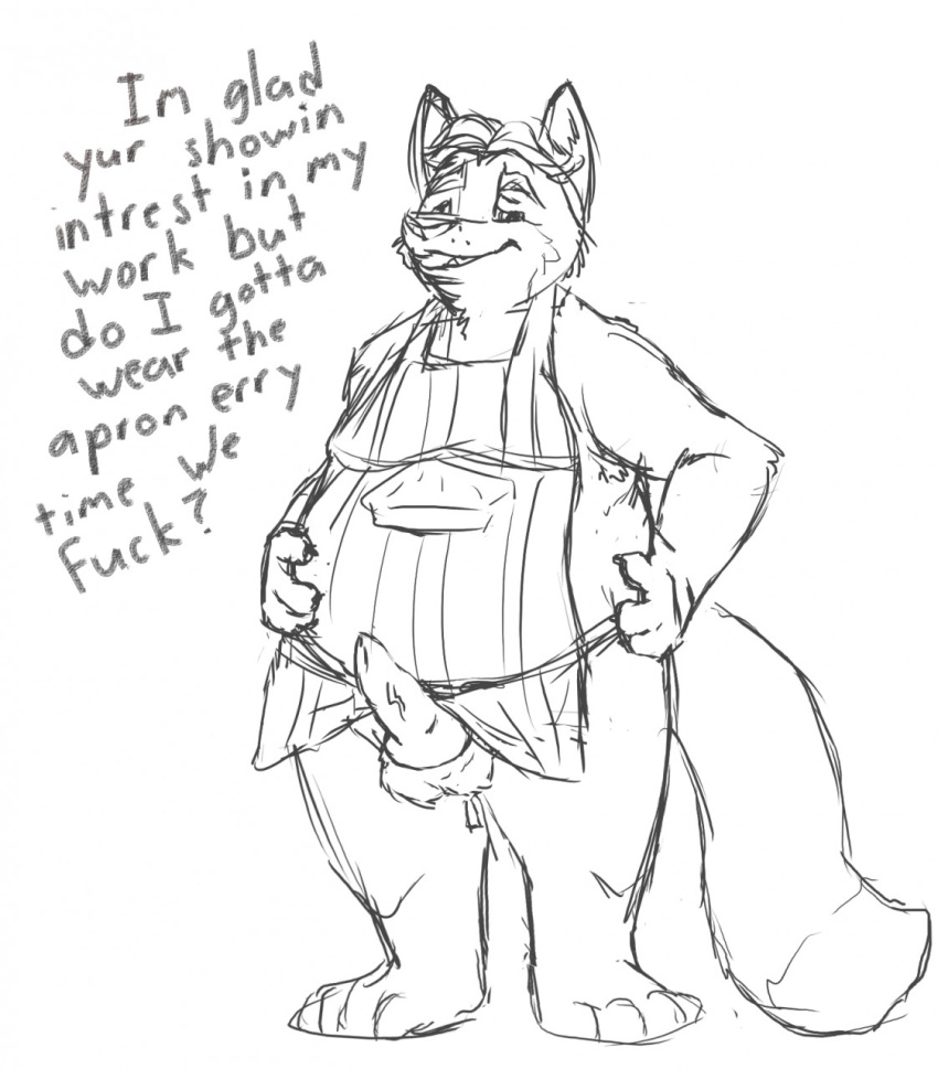 2016 animal_genitalia animal_penis anthro apron balls canid canine canine_penis clothing dialogue disney english_text erection fox genitals gideon_grey hi_res humanoid_hands izvy_(artist) male mammal naked_apron overweight overweight_male penis simple_background solo text white_background zootopia