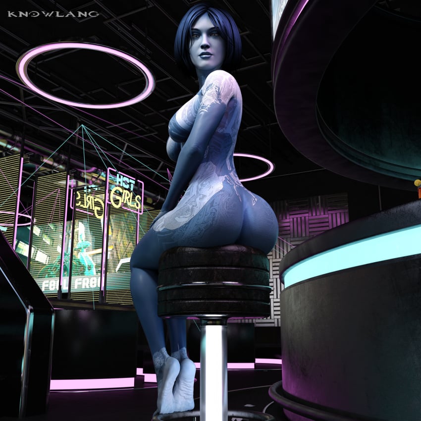 1girls 3d artificial_intelligence ass bar_stool barefoot blue_hair blue_skin breasts chair completely_nude cortana feet female female_only from_behind halo_(series) knowlang legs looking_at_viewer looking_back nude short_hair sitting soles solo wide_hips wrinkled_feet