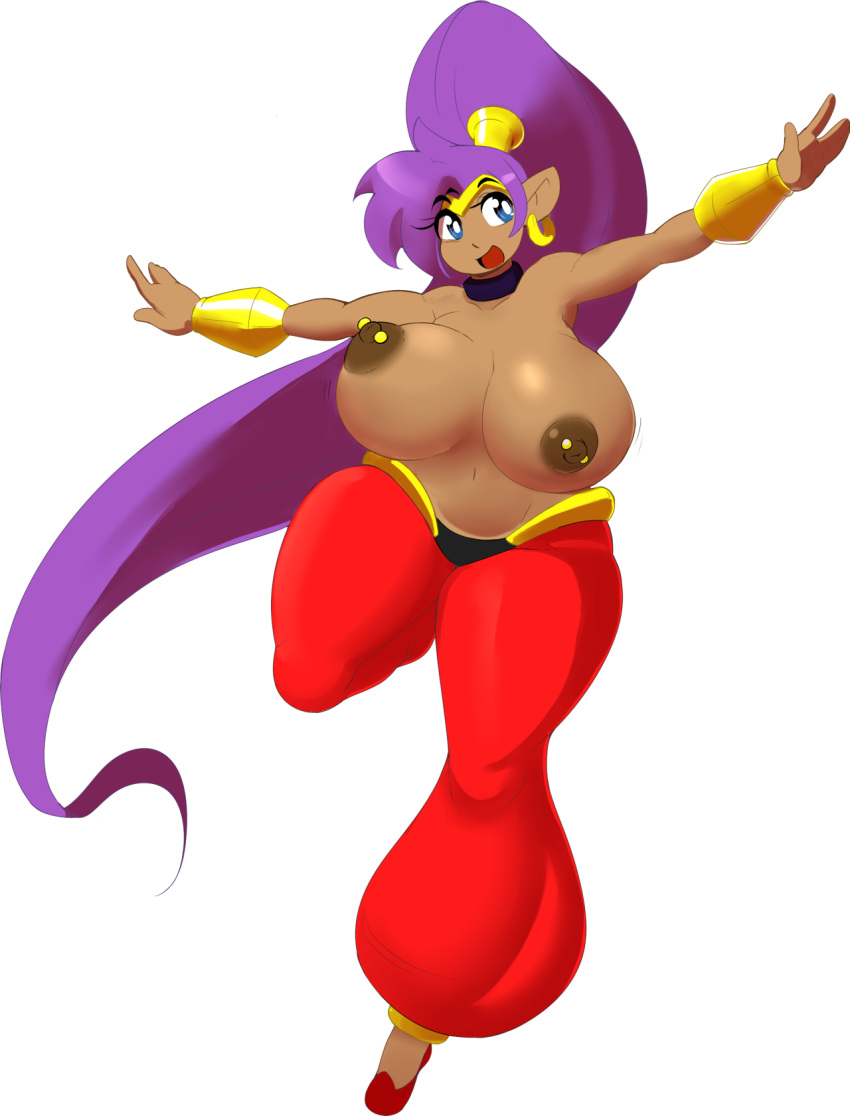 1girls anthro areolae barbell_piercing big_breasts blue_eyes bracelet breasts choker collarbone dark-skinned_female dark_skin earrings eikasianspire eyebrows_visible_through_hair eyelashes female female_only genie happy harem_outfit hoop_earrings huge_breasts large_breasts nipple_piercing nipples open_mouth pointy_ears ponytail purple_hair shantae shantae_(character) smile smooth_skin solo solo_female source_request tagme tied_hair topless unaligned_breasts very_long_hair wayforward white_background