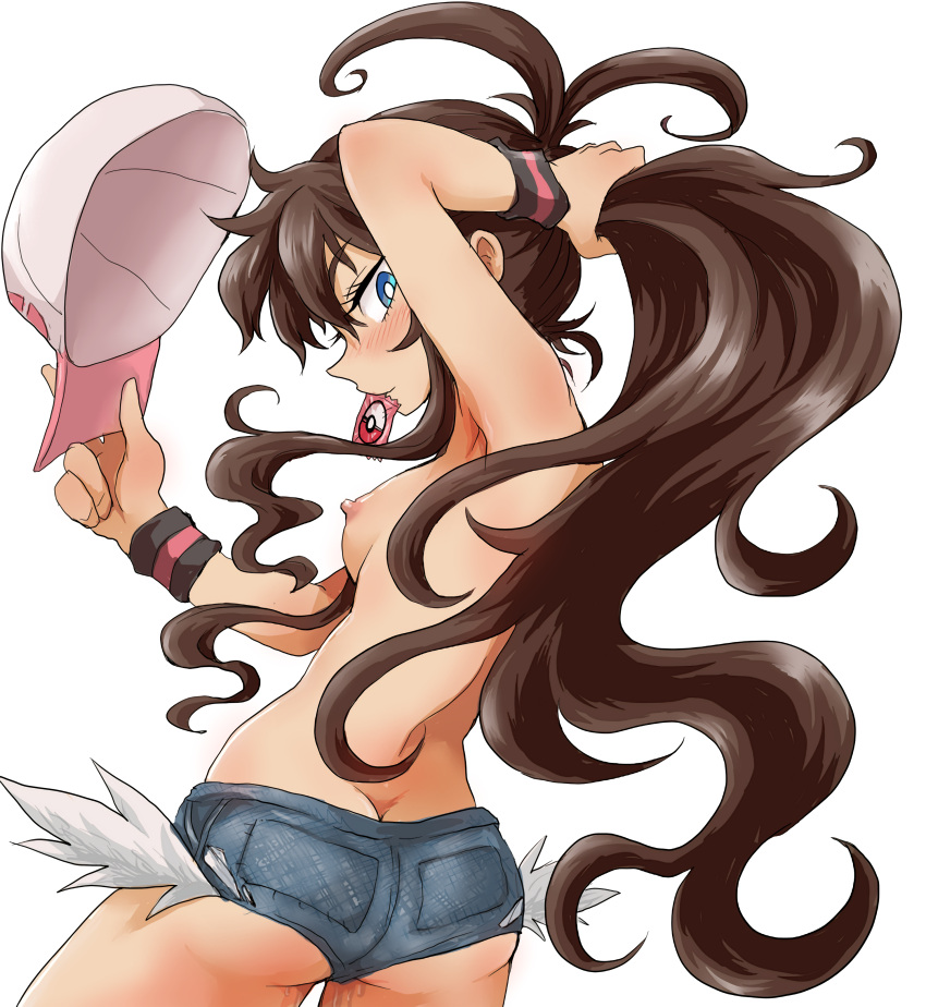 1girls armpits ass baseball_cap blue_eyes blush breasts brown_hair condom condom_in_mouth denim denim_shorts female female_only hair hat hat_removed headgear headwear_removed hi_res high_resolution highres hilda_(pokemon) human long_hair looking_back mouth_hold nipples pokemon pokemon_(game) pokemon_bw ponytail shorts sideboob solo suzurino tied_hair topless very_long_hair wristband