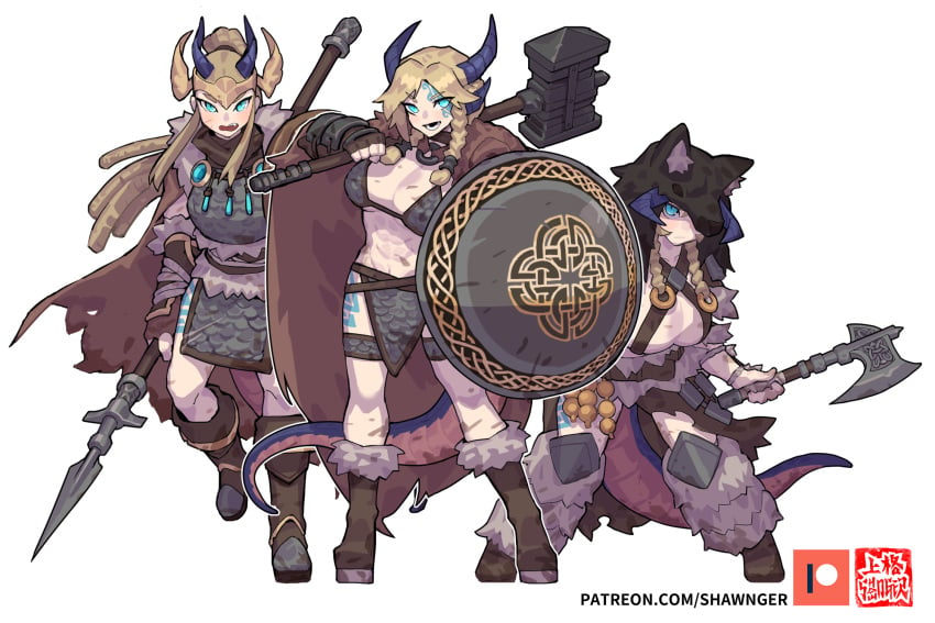 3girls armor axe bikini_armor blonde_hair blue_eyes cape cleavage hammer horns lizard_tail monster_girl oc patreon_logo scars shawnger shield spear tail tattoo viking watermark wolf_ears wolf_pelt