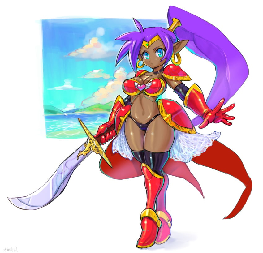 1girls bikini_armor dark_skin female large_breasts oomasa_teikoku purple_hair shantae shantae_(character) smooth_skin solo sword