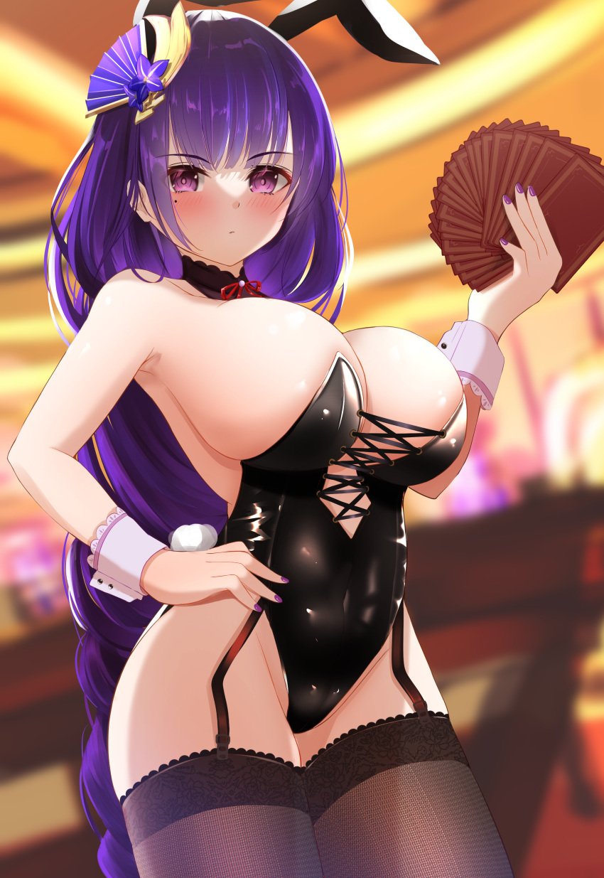 7676i balut_(7676i) barely_contained breasts bunny_ears bunny_girl bunny_tail bunnysuit choker genshin_impact large_breasts leotard raiden_shogun revealing_clothes thick_thighs thighhighs thighs