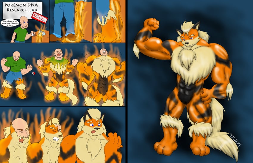 2009 abs anthro arcanine bald biceps caseyljones comic flexing furry male male_only muscle_growth muscles muscular muscular_male nintendo pokemon pokemon_(species) pose solo transformation what