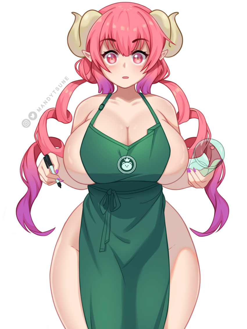 1girls 2021 2d apron apron_only artist_name artist_signature blush breasts cleavage dragon_girl dragon_horns female female_only green_apron hips holding_object horns huge_breasts iced_latte_with_breast_milk ilulu_(dragon_maid) light-skinned_female light_skin long_hair looking_at_viewer mandytsune meme miss_kobayashi's_dragon_maid naked_apron pale-skinned_female pale_skin pink_eyes pink_hair pointy_ears shocked shocked_expression shocked_eyes shocked_face simple_background slim_waist starbucks thick_thighs thighs twintails watermark white_background wide_hips