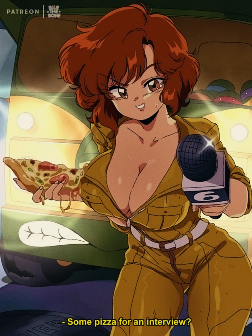 1girls 4boys april_o'neil april_o'neil_(tmnt_1987) belt bluethebone breasts brothers brown_eyes brown_hair cleavage clothed cowboy_shot donatello_(tmnt) electronics english_text female grin happy_female human jumpsuit large_breasts leonardo_(tmnt) looking_at_viewer michelangelo_(tmnt) microphone outerwear pale_skin pizza_slice public raphael_(tmnt) reporter retro_artstyle revealing_clothes short_hair smile solo_focus subtitled teenage_mutant_ninja_turtles thick_thighs thin_female vehicle