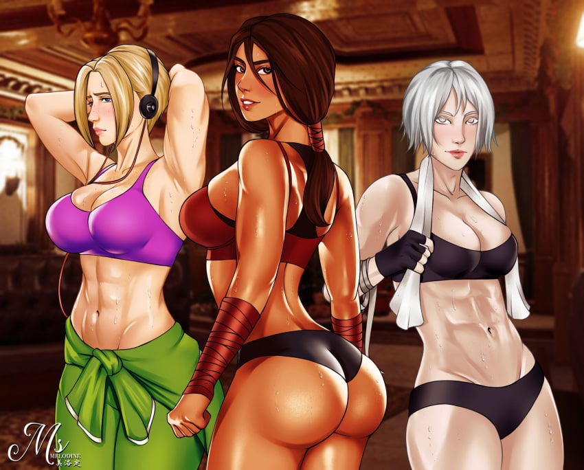 3girls abs albino ass blonde_hair brazilian brazilian_female brown_hair caveira_(rainbow_six) dark-skinned_female female female_only highres iana_(rainbow_six) iq_(rainbow_six) light-skinned_female msmelodine muscular_female rainbow_six rainbow_six_siege white_hair