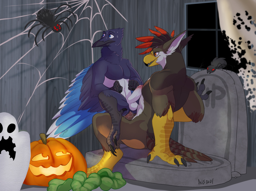 absurd_res anal anal_sex anthor anthro arachnid arthropod avian bird bodily_fluids chair_position corvid corvus_(genus) crow dragonasis duo food from_behind_position fruit genitals halloween haunted_house hi_res humanoid_genitalia humanoid_penis jack-o'-lantern lester_(jethrobuck) male male/male male_penetrated male_penetrating male_penetrating_male nintendo oscine passerine penetration penis plant pokémon_(species) pokemon pumpkin sex spider staraptor sweat tombstone video_games