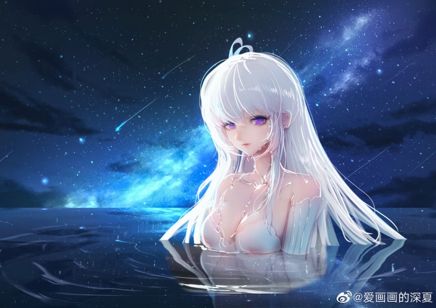 1girls cleavage clothed detached_sleeves douluo_dalu douluo_dalu_4 drenched gu_yue_(douluo_dalu) half_body long_hair milf night partially_submerged purple_eyes silver_hair stars swimming text water wet