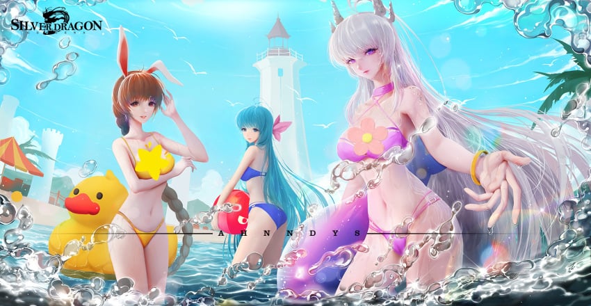 braid braided_ponytail douluo_dalu douluo_dalu_2 douluo_dalu_4 gu_yue_(douluo_dalu) long_hair only_female palm_tree splash summer swimsuit tang_wutong water xiao_wu_(douluo_dalu)