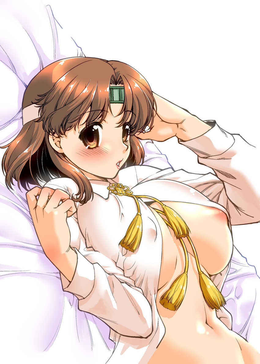 1girls areola_slip big_breasts blush brown_eyes brown_hair chiyoda_(kantai_collection) doujin_cover female headband kantai_collection long_sleeves looking_at_viewer nipple_bulge nipples_visible_through_clothing no_bra on_back on_top open_shirt shimamoto_harumi short_hair