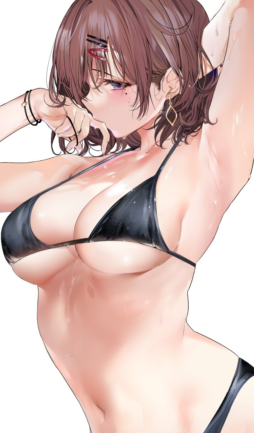 1girls 2021 absurdres arm_behind_head arm_up armpits bangs bare_shoulders bikini black_bikini blush bracelet breasts brown_hair cleavage collarbone dripping earrings female female female_focus female_only hair_ornament hairclip highres higuchi_madoka idolmaster idolmaster_shiny_colors jewelry large_breasts looking_at_viewer marushin_(denwa0214) mole mole_under_eye navel purple_eyes short_hair single_earring solo solo_female solo_focus swimsuit