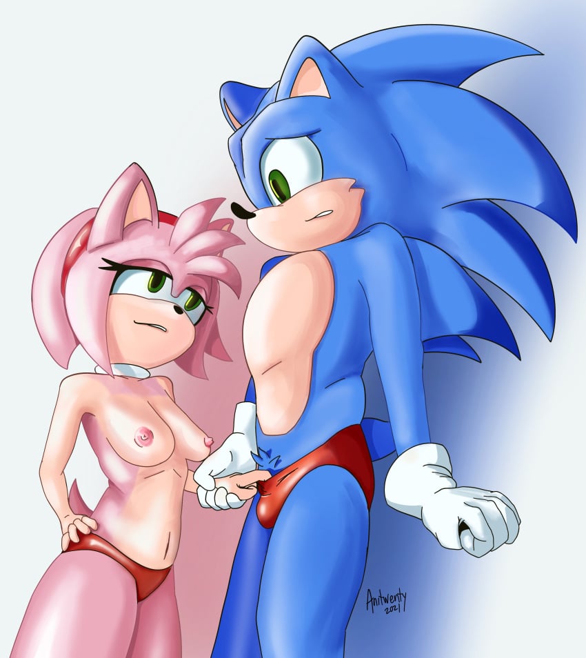 amy_rose anitwenty anthro anthro_on_anthro bedroom_eyes breasts hedgehog nervous nervous_face nipples pink_hair red_underwear resisting size_difference smaller_female sonic_(series) sonic_the_hedgehog surprised topless topless_female topless_male underwear underwear_bulge underwear_down underwear_pull