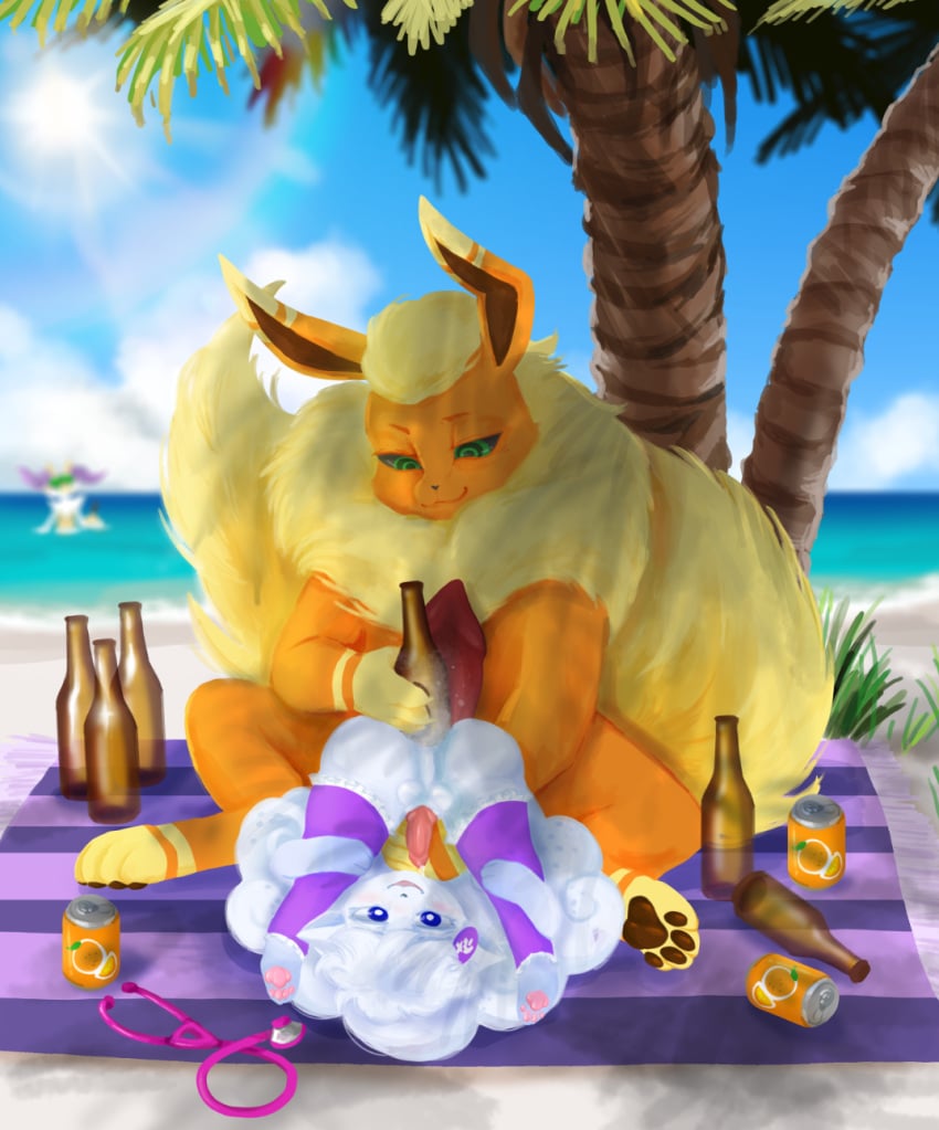 adfwaweon alolan_vulpix anthro balls beach berr bottle_in_ass bottle_insertion braixen can clothing container duo ear_piercing eeveelution feral flareon flexible genitals hi_res knot legs_behind_head legs_up legwear light male male/male medical_instrument nintendo palm_tree penis piercing plant pokemon pokemon_(species) pokemon_only regional_form_(pokémon) sand scientific_instrument sea seaside small_penis smug_grin stethoscope sunlight thigh_highs towel tree upside_down_penis video_games vovo vulpix water