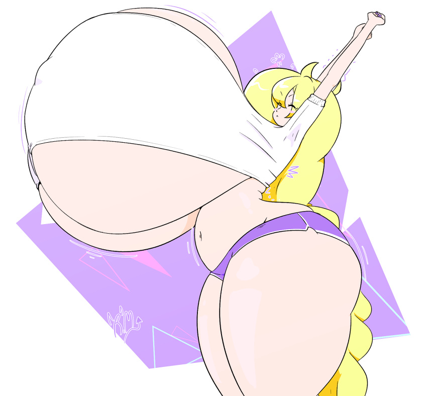 1girls belly belly_button booty_shorts braid cassie_(theycallhimcake) closed_eyes female huge_ass huge_breasts hyper_breasts low_cut_top plump plump_belly riley_moore_(artist) soft stretching tagme thick_thighs tight_clothing white_background yellow_hair